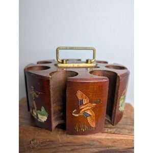 Vintage Wooden Revolving Poker Chip & Card Holder Carousel Brass Handle Hunting